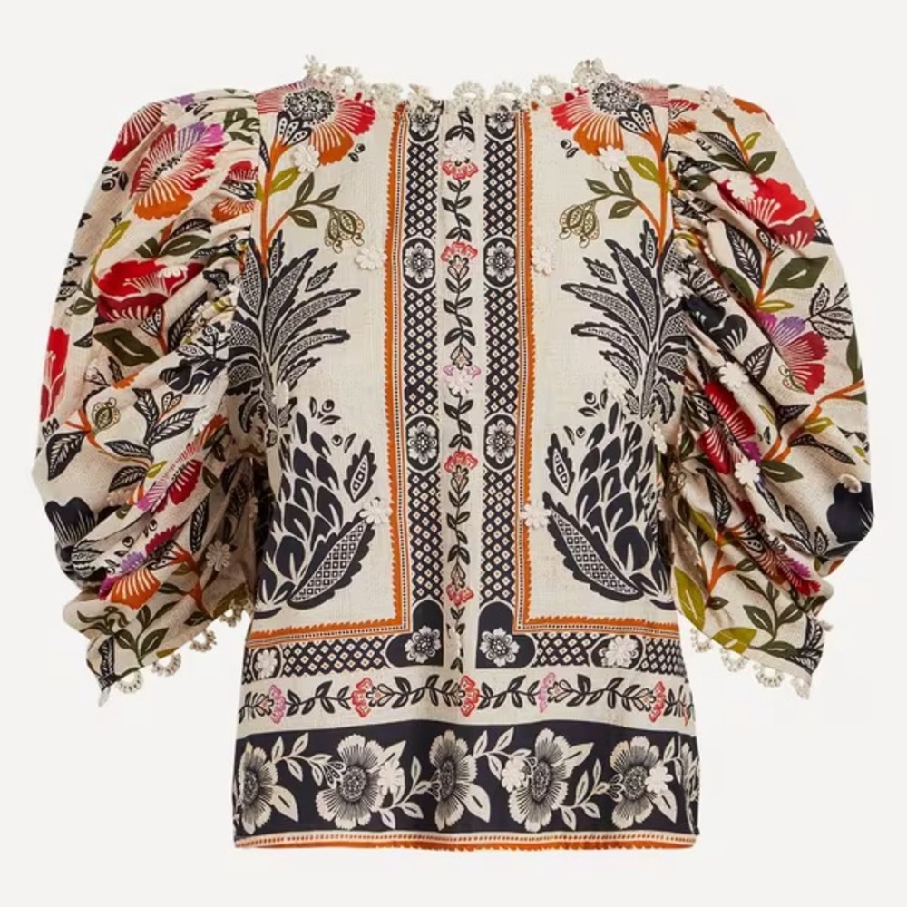 FARM Rio Cream romantic garden blouse with Red, Orange, Green & Black Floral Pri